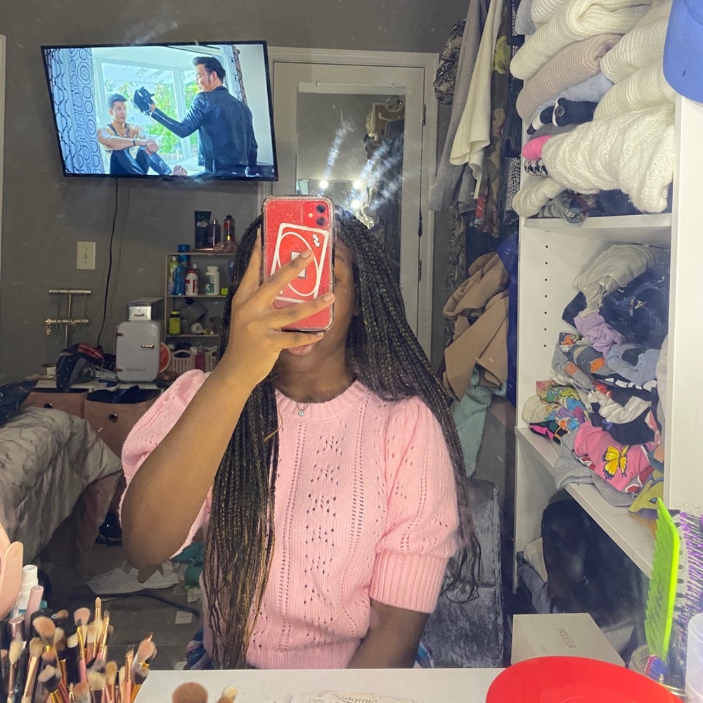 Pink Cropped Puff Sleeve Sweater